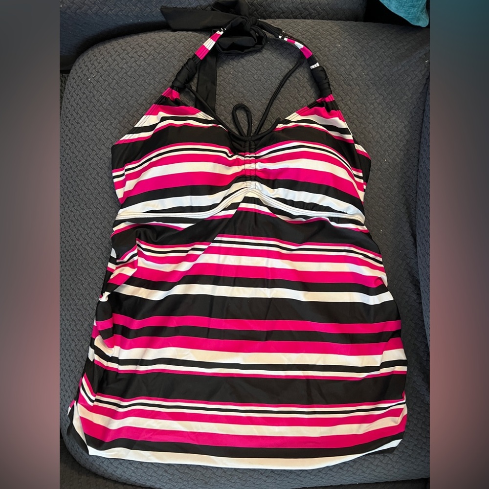 Motherhood Maternity tankini halter top, size L, pink, black and white stripes